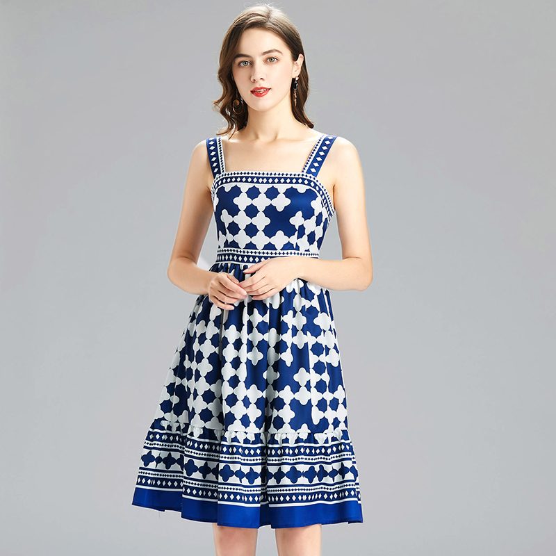 

Summer Suspenders Blue Floral Party Dress Woman Designer Sexy Slim Casual Resort Elegant Printed Prom Trumpet Dress Runway 2022 Women Clothes Chic Beach Midi Frock