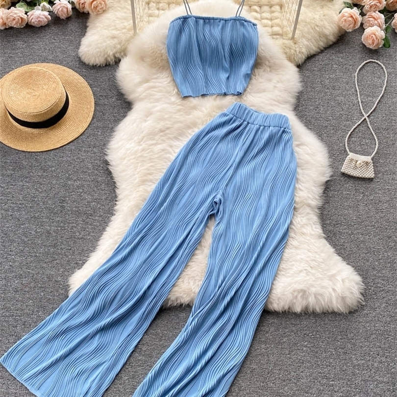 

Women Summer Fashion Pants Set Spaghetti Strap Short Tops & High Waist Long Pants Two Piece Suits 220510, Purple