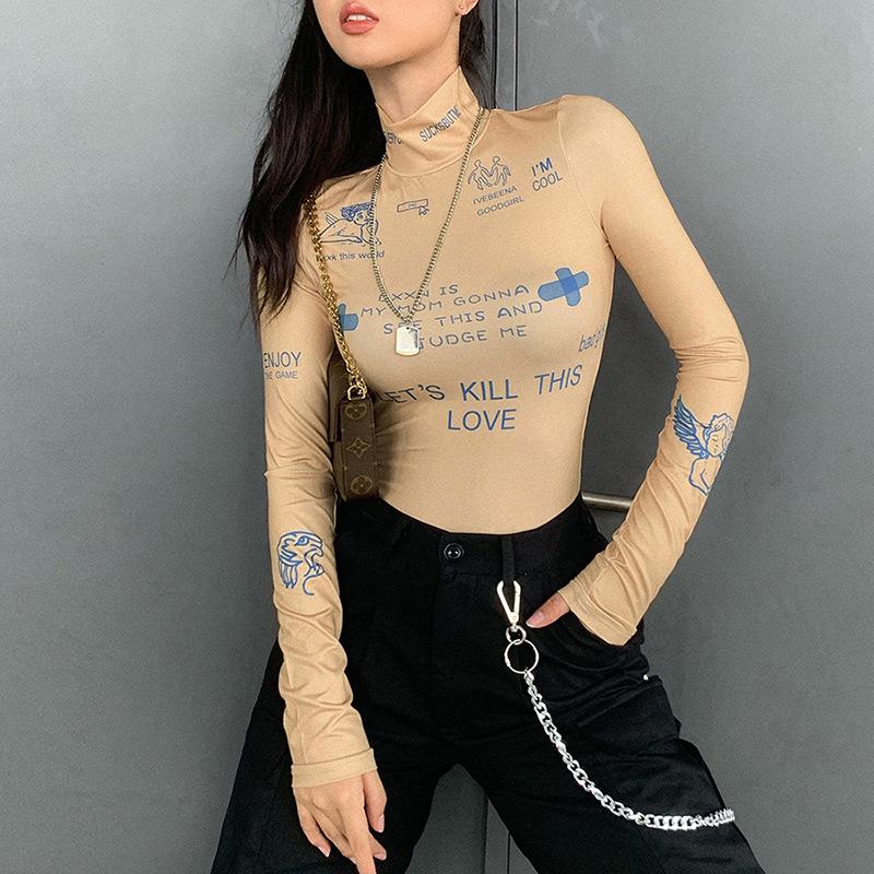 

Women' Two Piece Pants Long Sleeve Turtleneck Sexy Bodysuits Vintage Tops Women Autumn Winter Bodycon Club Bodysuit Jumpsuit Letter Print B
