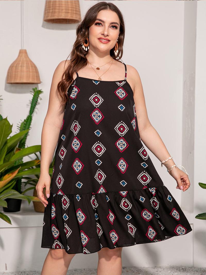 

Plus Size Dresses Print Ruffle Hem Cami Dress For Women 2022 SummerPlus, As pic