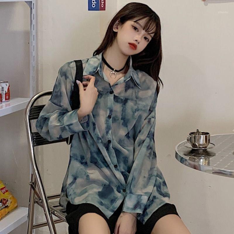 

Women' Blouses & Shirts Tie-Dye Long Sleeve Shirt Top Summer Loose Chiffon Coat Blouse Women Blusas Ropa De Mujer, Black