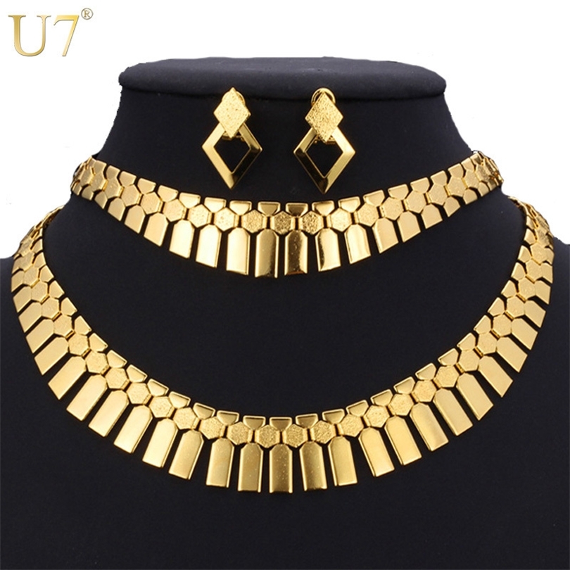 

U7 Trendy Earrings Bracelet Necklace Set Gold/Silver Color Women's Fashion Jewelry Party African Choker Costume Jewelry Set S462 201222