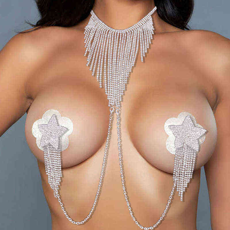 

Nxy Breast Pad Stonefans Sexy Reusable Rhinestone Body Necklace Tassel Jewelry for Women Shiny Crystal Star Chest Stickers Bra Accessories 220610