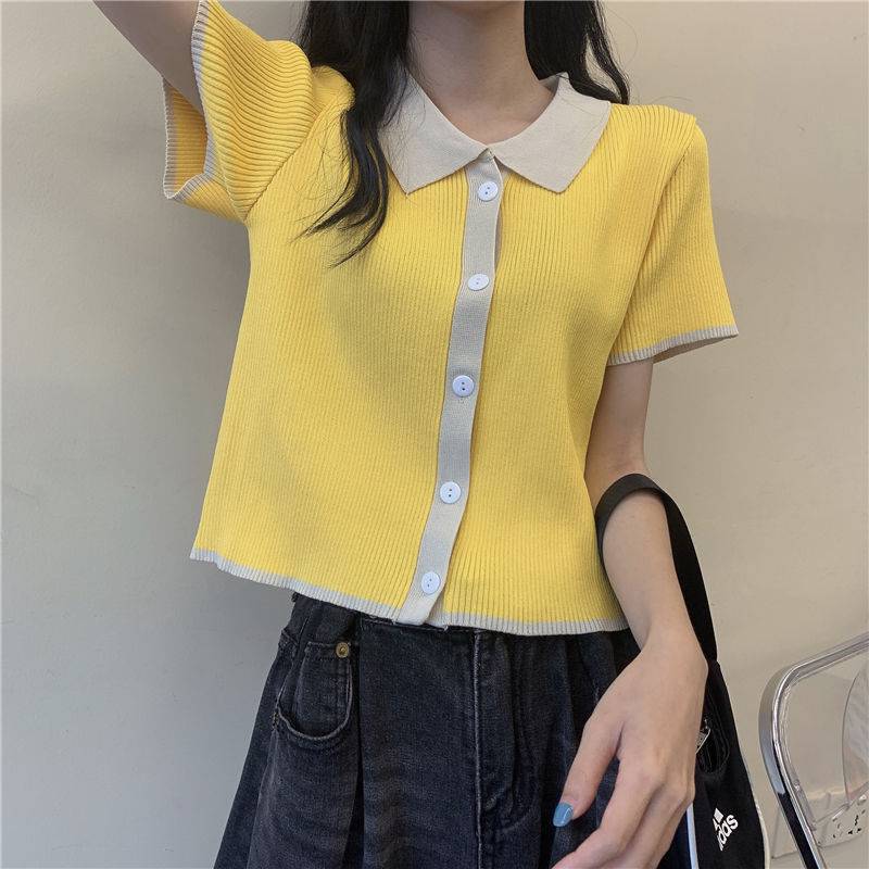 

Gentle Long tops Dress French Sweet Cool Collar Top Womens Summer Design Sense Niche T-shirt Thin 2022 New Fashion Knitted Short, A white