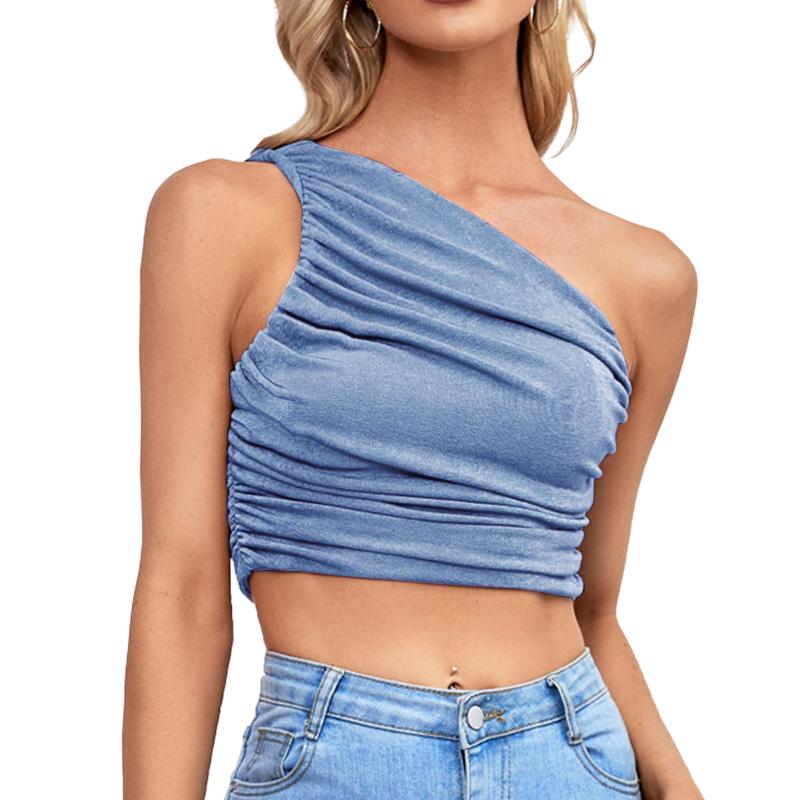 

Women's Tanks & Camis One Shoulder Tops For Women Sexy Ruched Sleeveless Crop Top Solid Color Slim Fit Going Out Summer Tank TopWomen's, Blue