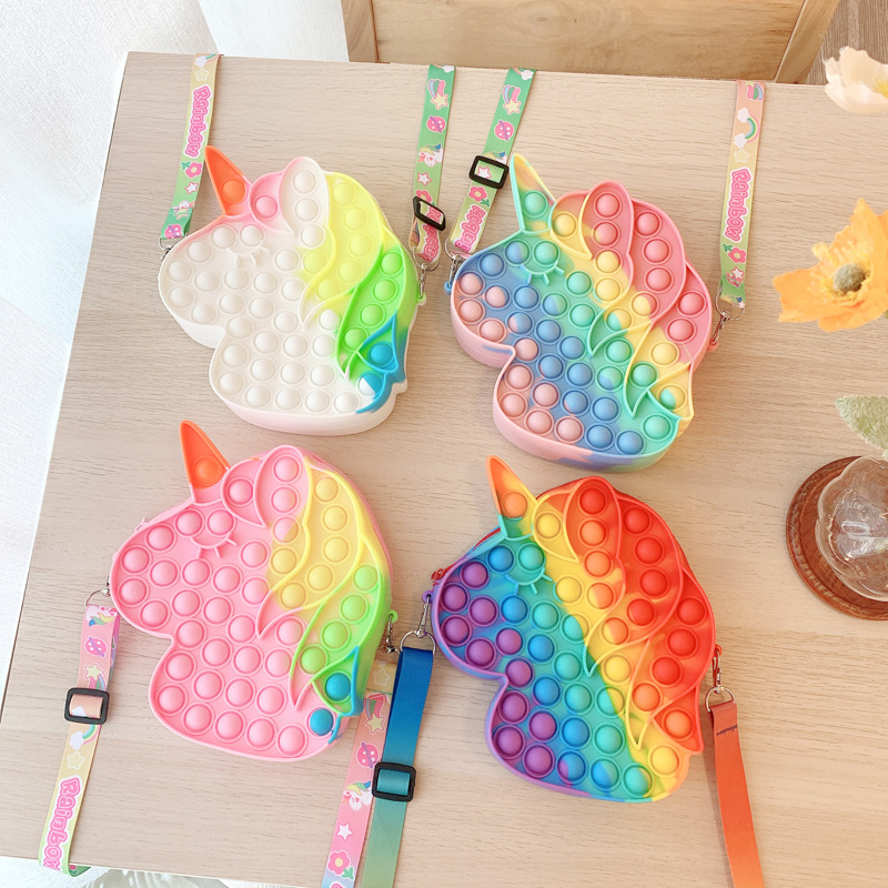 NOWOŚĆ DOSTĘPOWE DZIECI SILICONE DUŻY Rainbow Pop Bubble Crossbody Cute Unicorn Fidget torebka dla dzieci