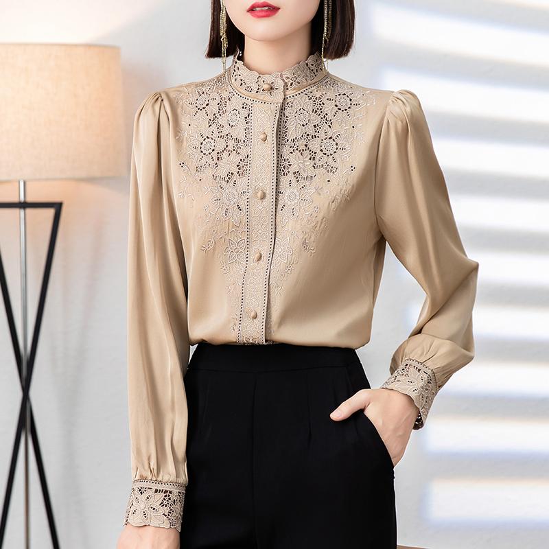 

Women' Blouses & Shirts Spring Autumn Shirt Elegant Real Silk Long Sleeve Hollow Out Embroidery Woman Blouse Tops Female Solid, Black
