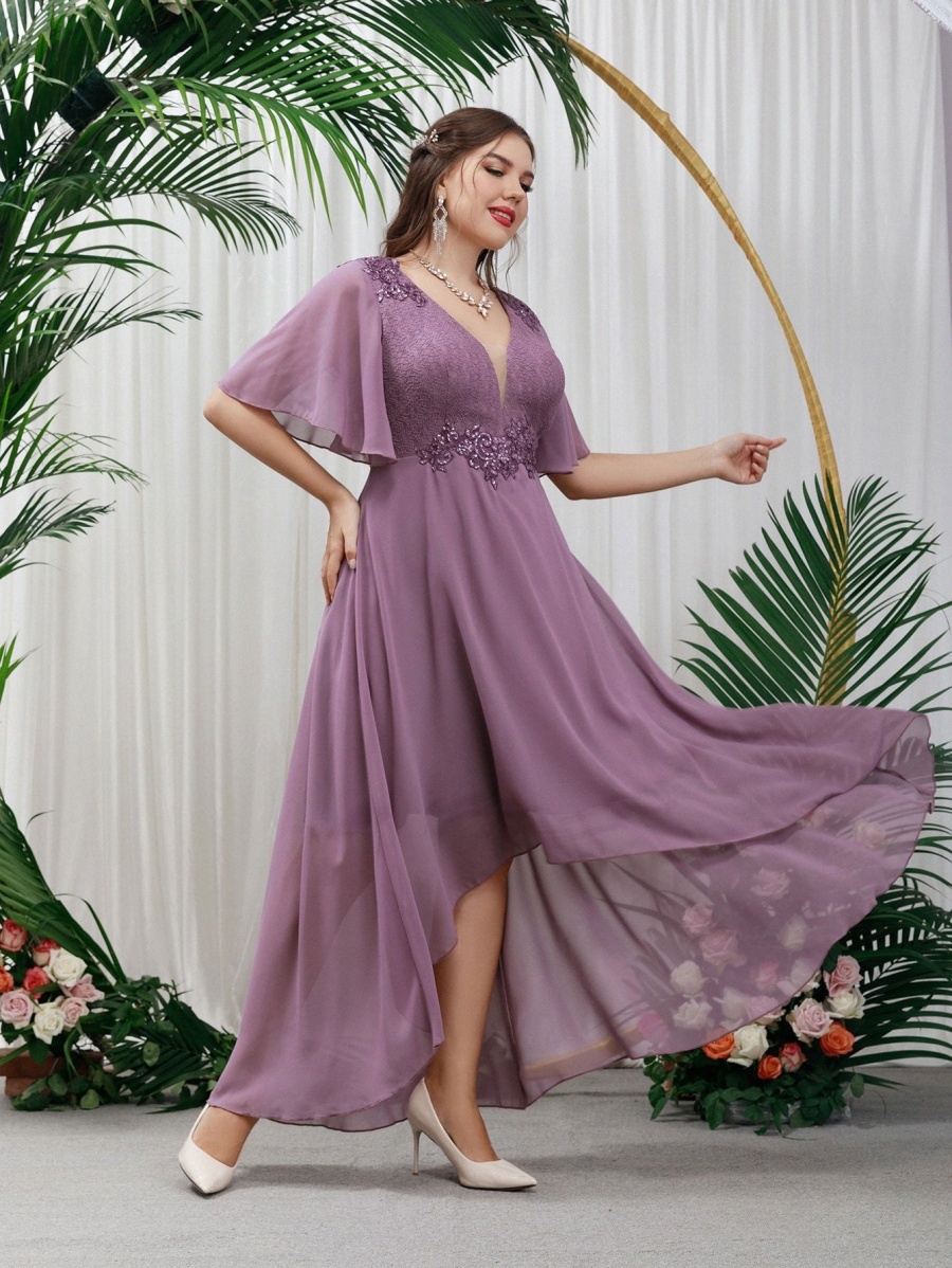

plus Butterfly Sleeve Appliques High Low Hem Chiffon Prom Dress 68DS#, Purple