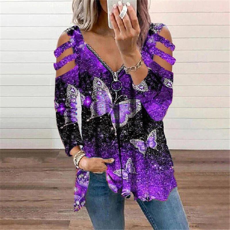 

Women' Blouses & Shirts 2022 Autumn Casual Blouse Women Butterfly Print Zipper V-neck Long Sleeve Tops Off Shoulder Elegant Shirt Female