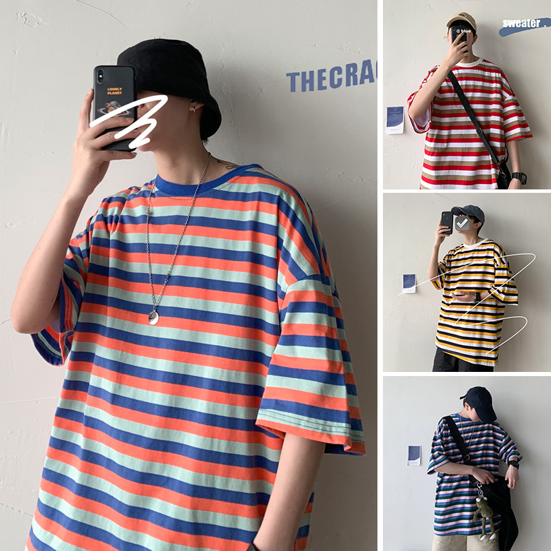 

Summer New Fashion Stripe T Shirt Men Casual Plus Size T-Shirts Short Sleeve Hip Hop Streetwear Tops Tees Male Cotton, Blue-green