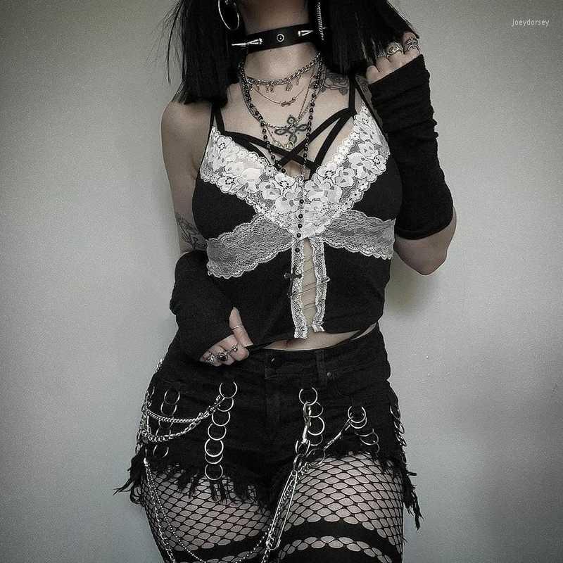 

Women' Tanks & Camis Punk Style White Lace Patchwork Cami Top Pin Hollow Out Sleeveless Cropped E-girl Gothic Emo Alt Indie Clothes Women V, Black