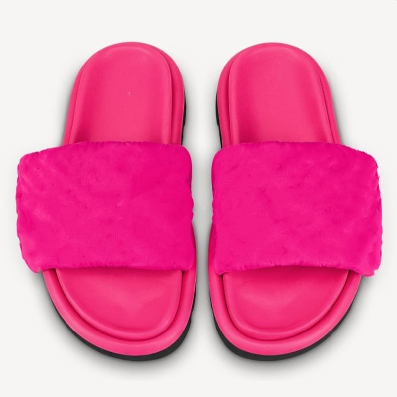 

Women Nylon Slipper Pool Pillow Comfort Mule Flat Slide Letter Flower Embossed Rubber Outsole Slides Designer Soft Strap Slippers, Chocolate