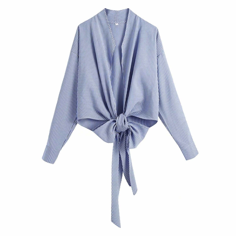 

Women Shirt Striped Long Sleeves Elegant Fashion Woman Wrapped Tie Cropped Shirt Tops 210709