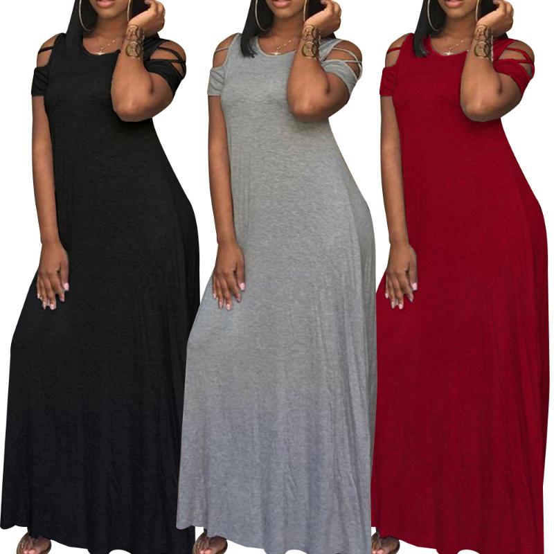 

Plus Size Dresses Bodycon Solid Color Dress For Lady Summer Off Shoulder Pocket Black Gray Blue Women Maxi Floor Sundress D30