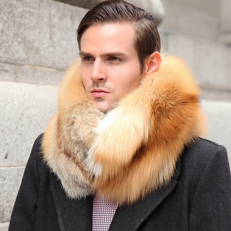 Men's Real Whole Fox Fur Scarf Collar Winter Warm Neckerchief Wraps Double Layer