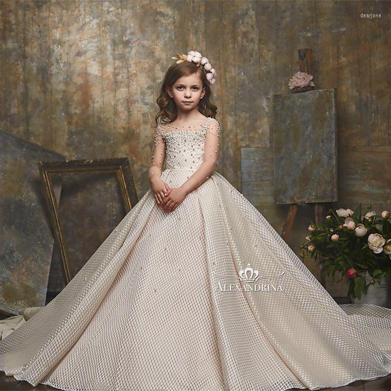 Robes de fille de luxe Tulle fille de fleur pour mariage Illusion manches une ligne perles robe de reconstitution historique robe de fille