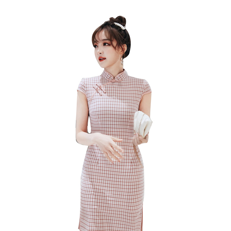 

daily thin dresses Spring and summer girl retro style new elastic cotton and linen short cheongsam, Pink