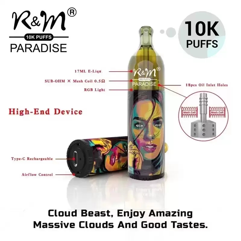 

Original RM Paradise 10K Puffs Cloud Beast Disposable E cigarette 17ml Prefilled 5% Cartridge Pod Device rechargeable Battey Airflow Control vape 10000
