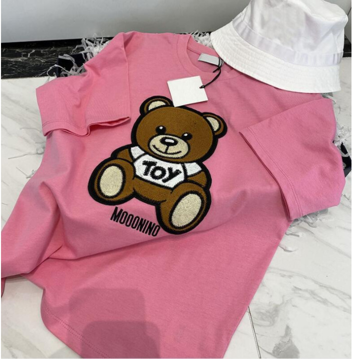 

2022 NEW Kids child clothe T-shirts childrens t shirt Tops Tees boys girls cartoon bear embroidered letter cotton short sleeve Pullover children clothes Loose Style, Pink