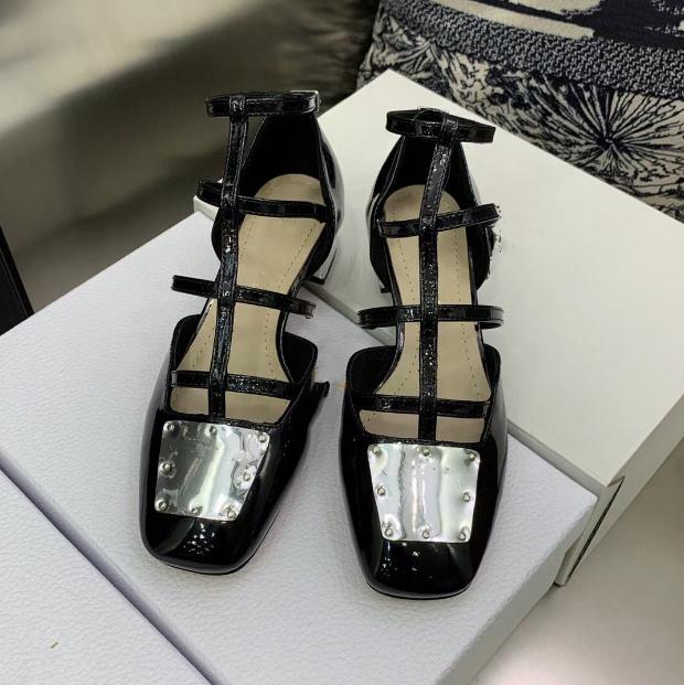 

Luxury La Parisienne Ballerina Chunky Heel Sandals Roman Square Toe Cutout Sexy Strap Mary Jane Women's silver metal Shoes Small Leather Shoes, Black