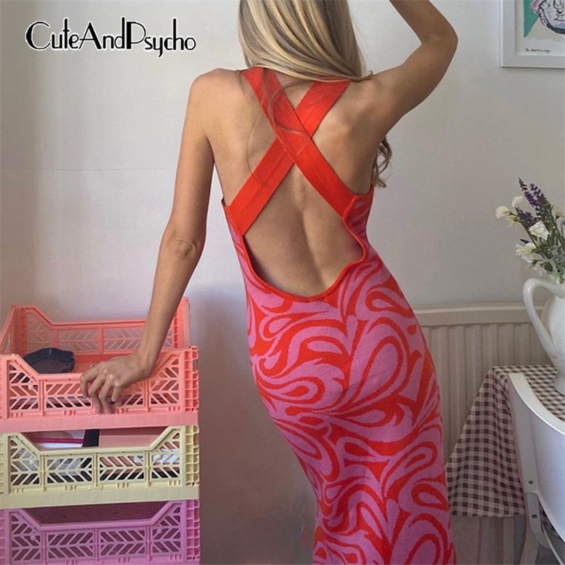 

Elegant Backless Knitted Maxi Dresses Vintage Harajuku Print Sexy Beach Boho Korean Aesthetic Cute Cuteandpsycho 220613, Red