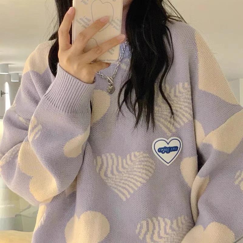 

Women' Sweaters Lovely Heart Print Pullovers Round Collar Knitted Sweater Korean Winter Women High Quality Loose Cute Knitwear Jumpers Teen, Lavender