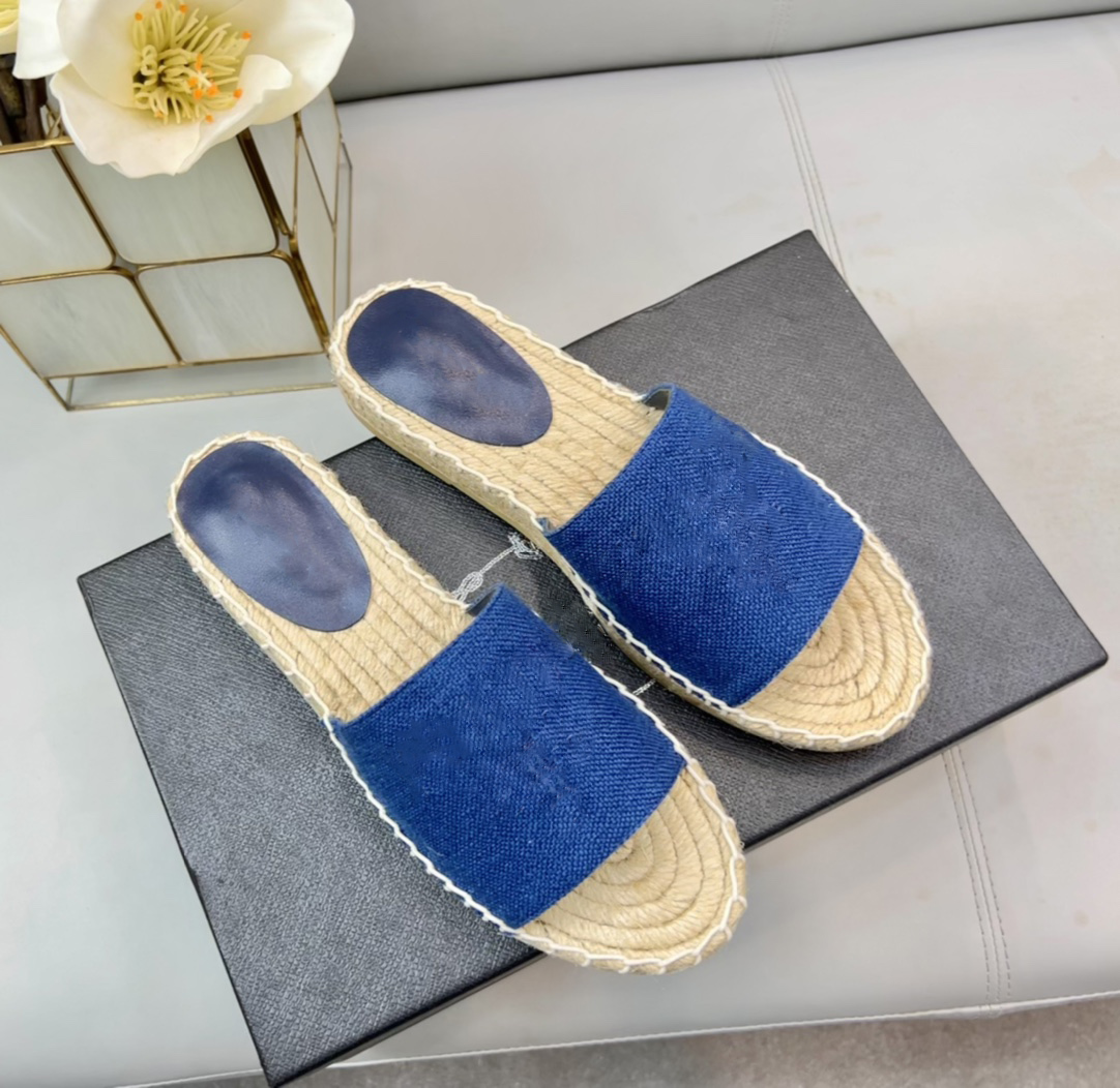 

2022 straw woven designer shoes P slippers fisherman shoe linen fabric material embroidered lettering fabric lining 2 cm rubber sole 35-41 yards, Blue
