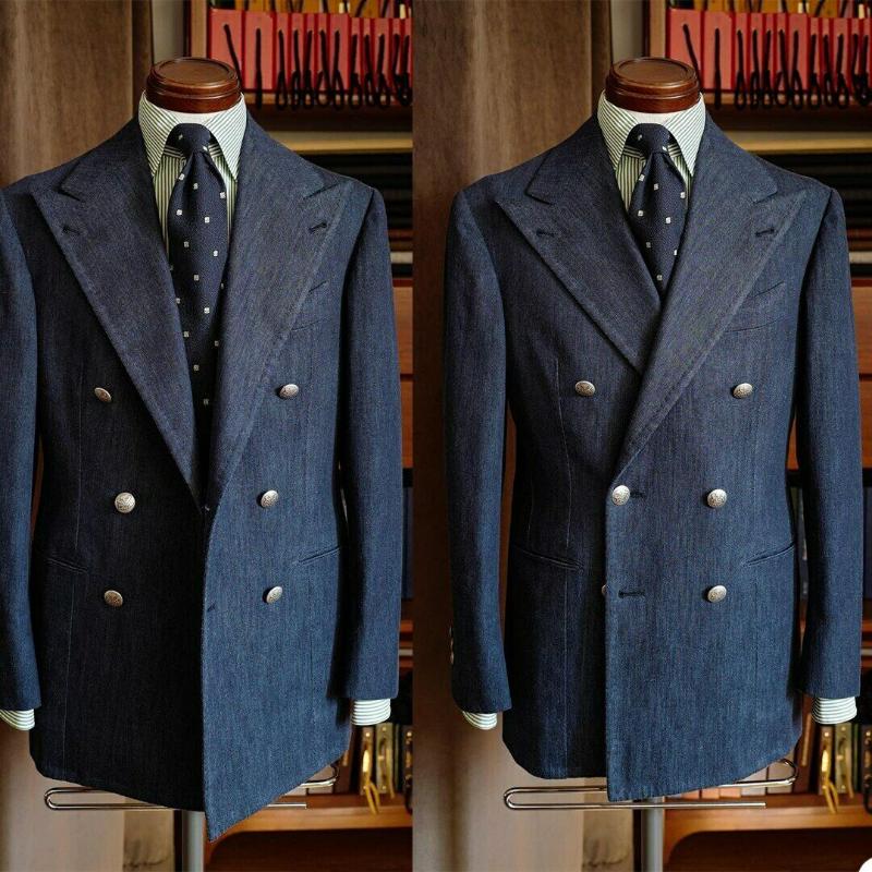 

Men's Suits & Blazers Costume Homme Men Denim Tuxedos Tailor Made Double Braested Peaked Lapel Blazer Casual Business Party Coat Wedding Gro, Blue