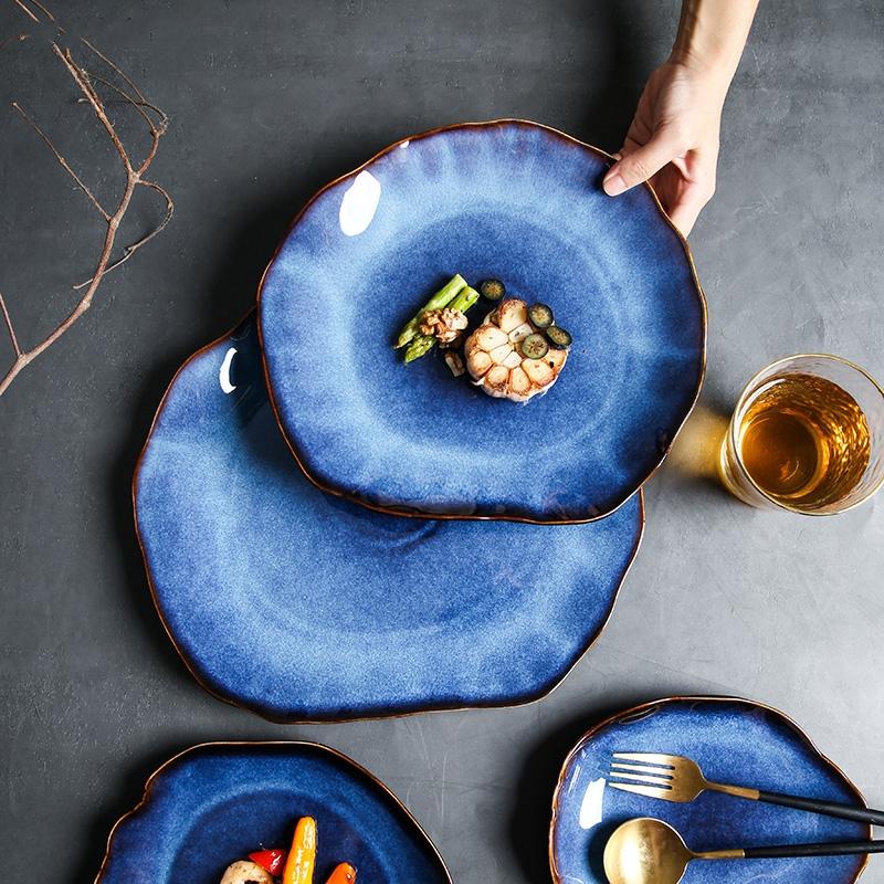 

Dishes & Plates Ceramic Deep Blue Irregular Flat Plate Pottery Dish Household Decoration Tableware Dinnerware Tray El Kitchen Supplies, 19 cm