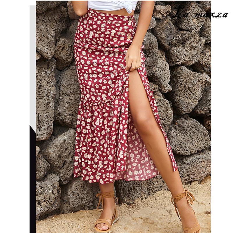 

Skirts 2022 Bohemian Style Women Summer Casual Print Ruffles Slim Long, Blue