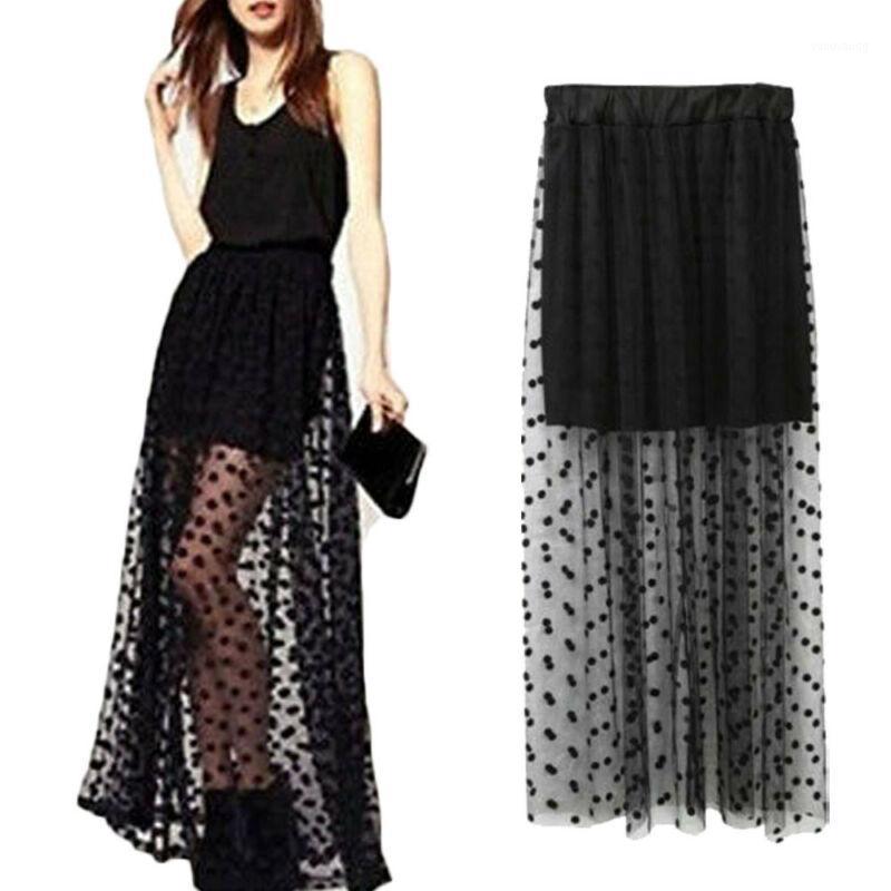 

Skirts Summer Women Lady See Through Black Mesh Tulle Tutu Net Sheer Double Layer Polka Dot Pleated Elastic High Waist Maxi Skirt