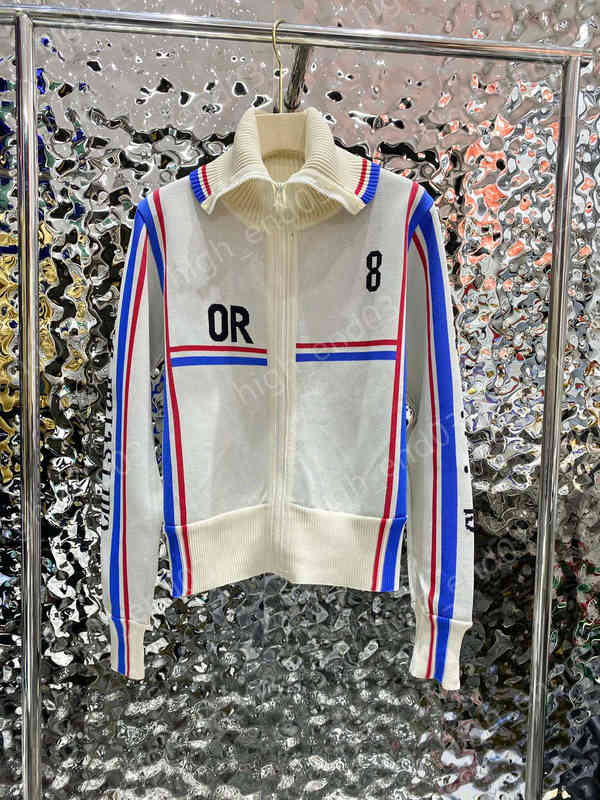 Designer Womens Knit Jackets D..R White Letters And Numbers Printed Striped Zip Cardigan Knitting Jacket For Women Clothing Apparel