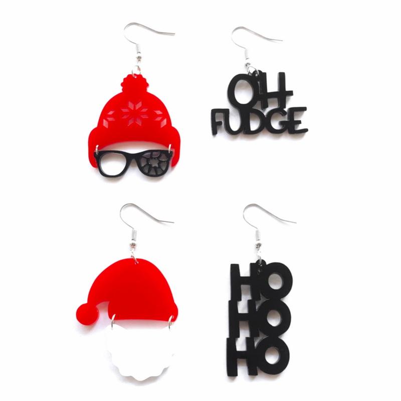 

Dangle & Chandelier Trendy Christmas Red Santa HOHOHO Black Letters And Snow Beanie Glasses Fudge Sweets Logo Acrylic Earrings For WomenDang