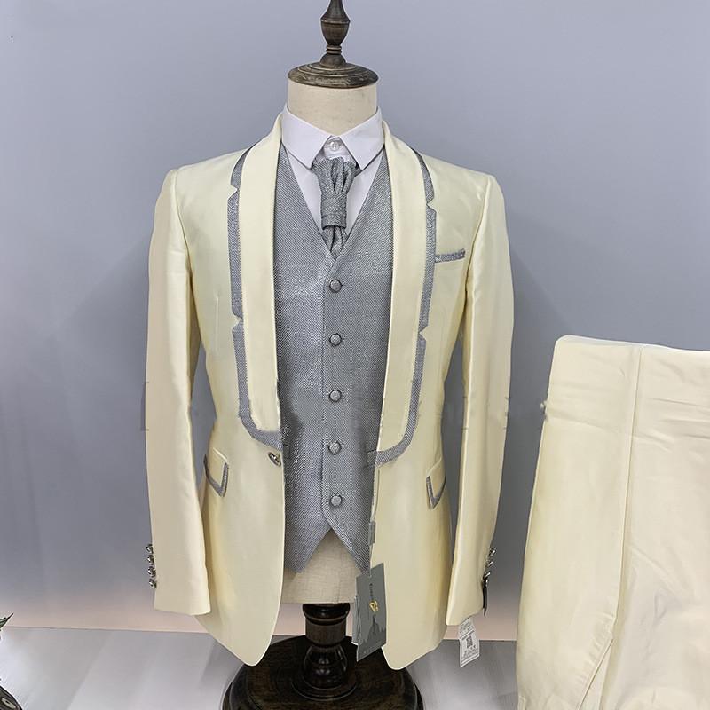 Costumes Hommes Blazers Complet Costume Homme Smoking Pour Hommes Mariage Slim Fit Jaune Et Gris Gentleman Veste Avec Gilet Pantalon 3 Pièce Homm