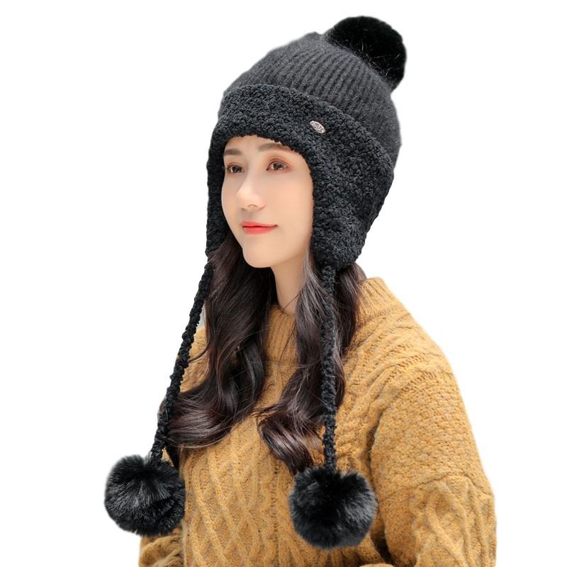 

Berets Winter Fashion Outdoor Women Solid Windproof Warm Protection Ear Hat Adults Knit Splicing Cap Daily Skiing Camping, Black