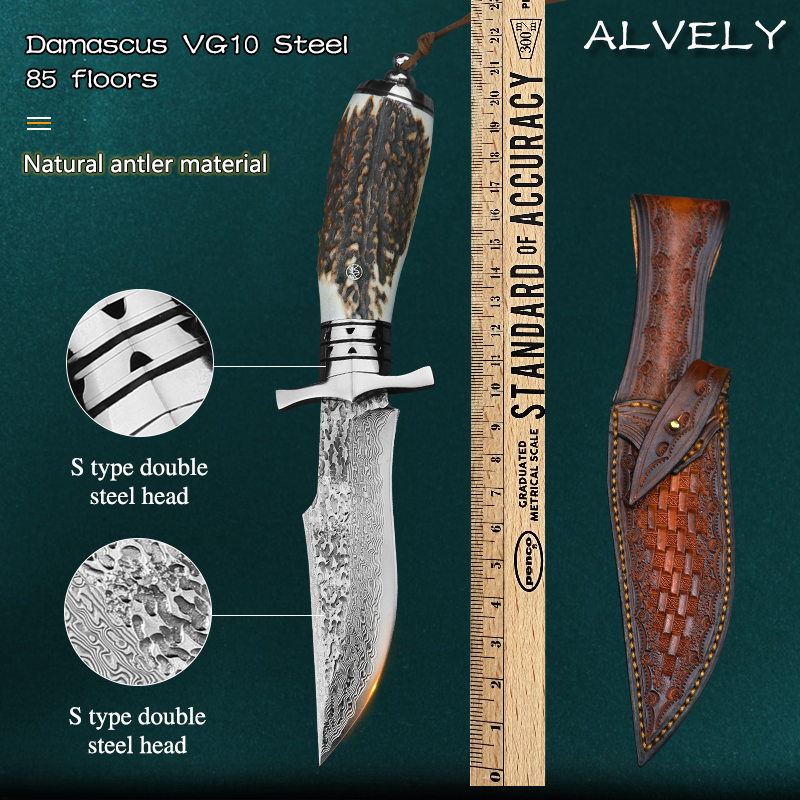 High hardness Damascus steel fixed straight knife with leather case VG10 outdoor camping hunting survival hiking self-defense multi-purpose EDC t-image-579677060