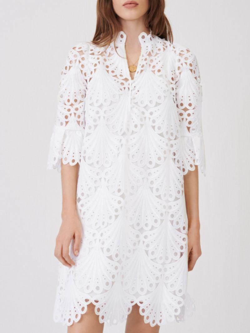 

Party Dresses Pencil Skirt Women 2022 Summer Elegant V-neck Crocheted Hollow Embroidery Elastic Waist Two-piece Petal Sleeve DressParty, White