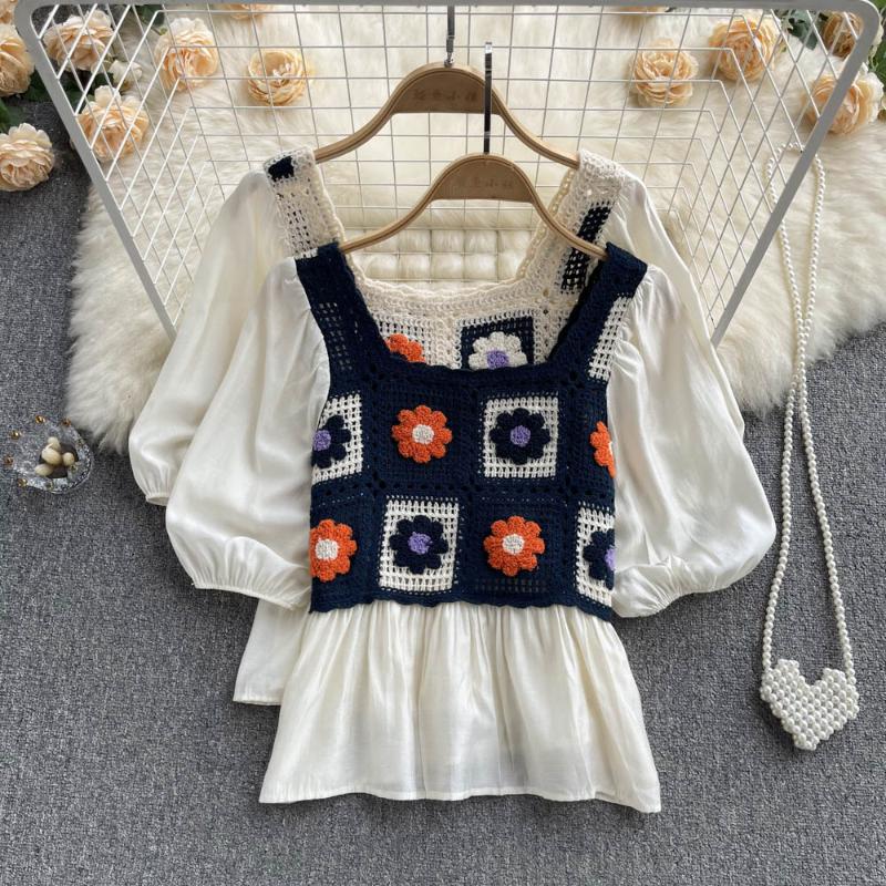 

Women's Blouses & Shirts Vintage Boho Blouse Crochet Women Korean Style Long Sleeve Knit Shirt Woman Sweet Crop Top Floral Femme BlusasWomen, White