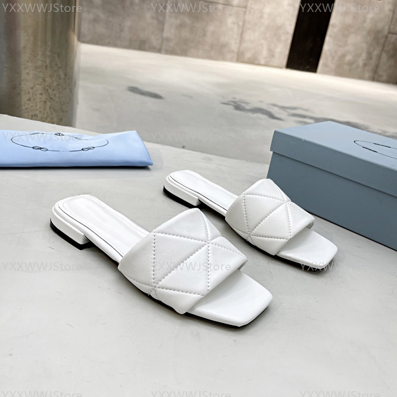 

Designers Quilted Leather Flat Sandals Woman Heels Slides Slippers Lady Summer Mules Sandal Slipper Casual Beach Footwear Black White Desert Beige Celeste