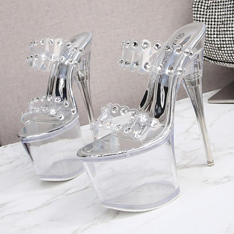 

Slippers High-heeled 17cm Female Fairy Style Large Size 34-42 Model Pole Dancing Walk Show Crystal Sandals, Black
