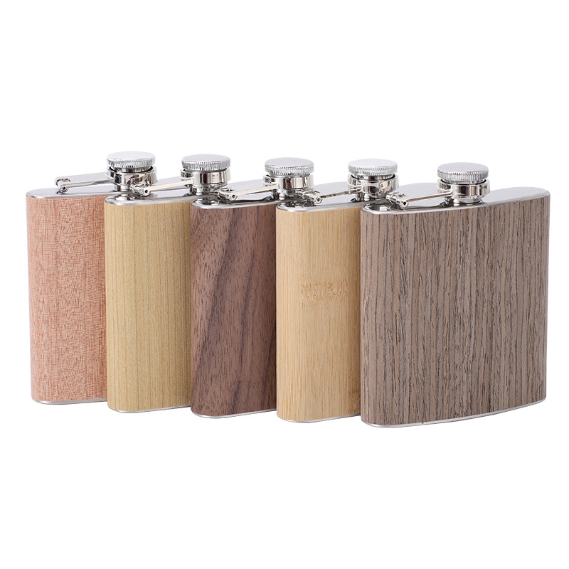 

6oz Portable Pocket Stainless Steel Hip Flask Flagon Wood Grain Pattern Whiskey Wine Pot Drinker Alcohol Bottle Travel Tour Drinkware JY1175