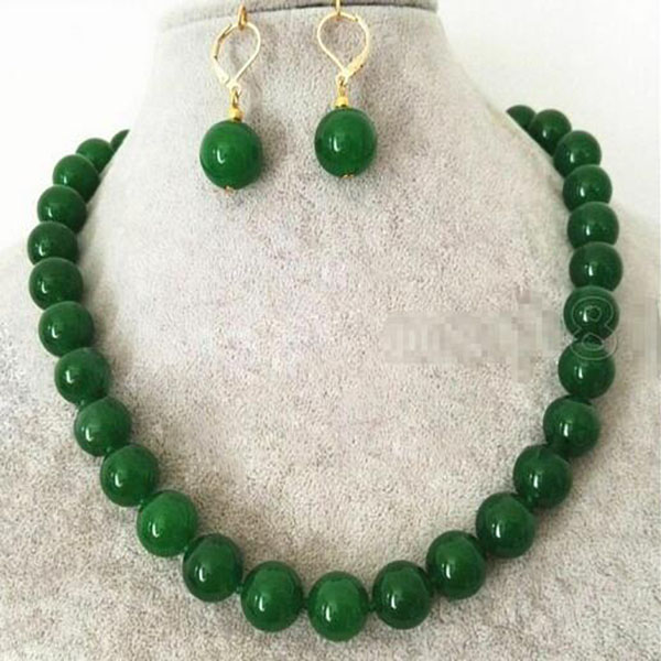 

Natural 12mm Green Jade Round Gemstone Beads Necklace 18" Earring Set AAA, Deep green