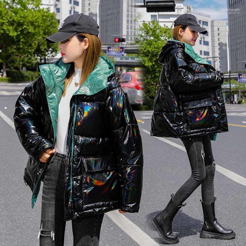 

Women' Down & Parkas Laser Winter Fashion Hit Colors Hooded Glossy Cotton-Padded Coat Women Snow Outerwear Thick Warm Bright Shiny Parka Ja, Black