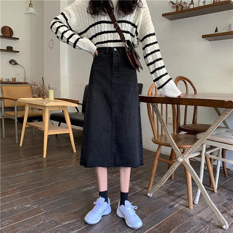 

Skirts Autumn Skirt 2022 Vintage High-Waisted Long Burrs A- Line Denim Woman Mujer Faldas Saias Mulher, Black