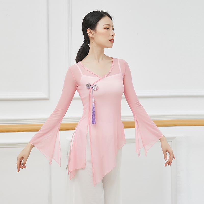 

Stage Wear Adult Classical Buckle Pendant Belly Dance Transparent Blouse Sheer Mesh Top Fairy Costume For Women Dancing Clothes Dancer WearS, Blue