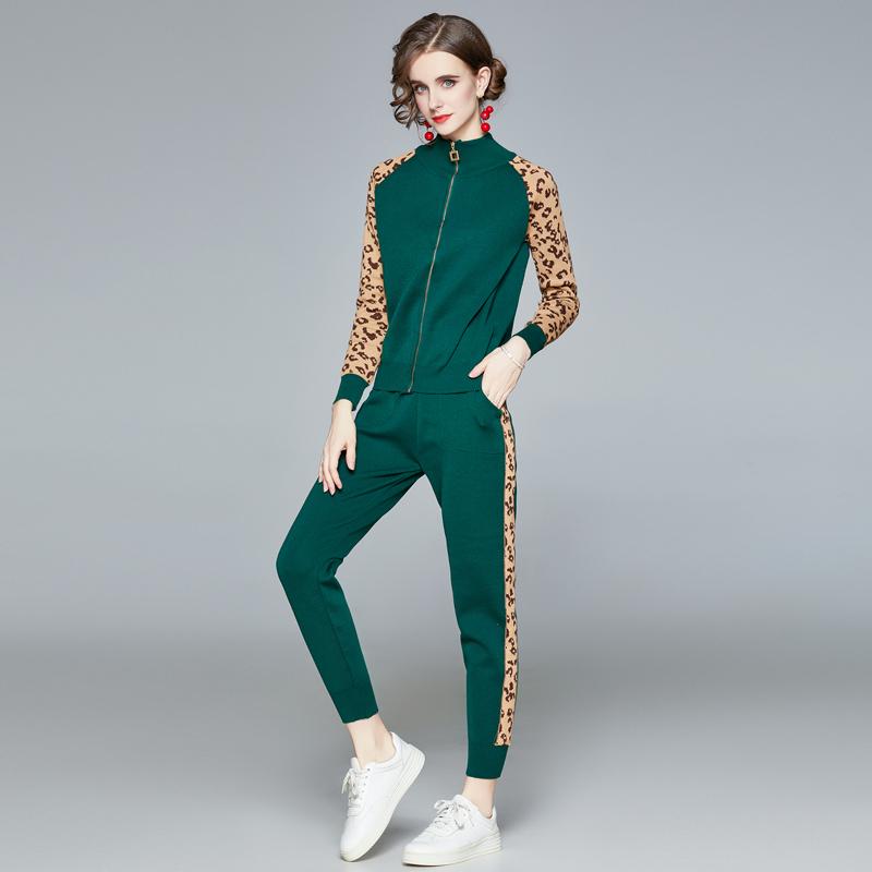 

Women's Two Piece Pants 2022 Women Autumn Oversized Leopard Patchwork Fashion Pieces Casual Suit Zipper Knitted Tracksuit Sweatshirt Pant Sp, Black