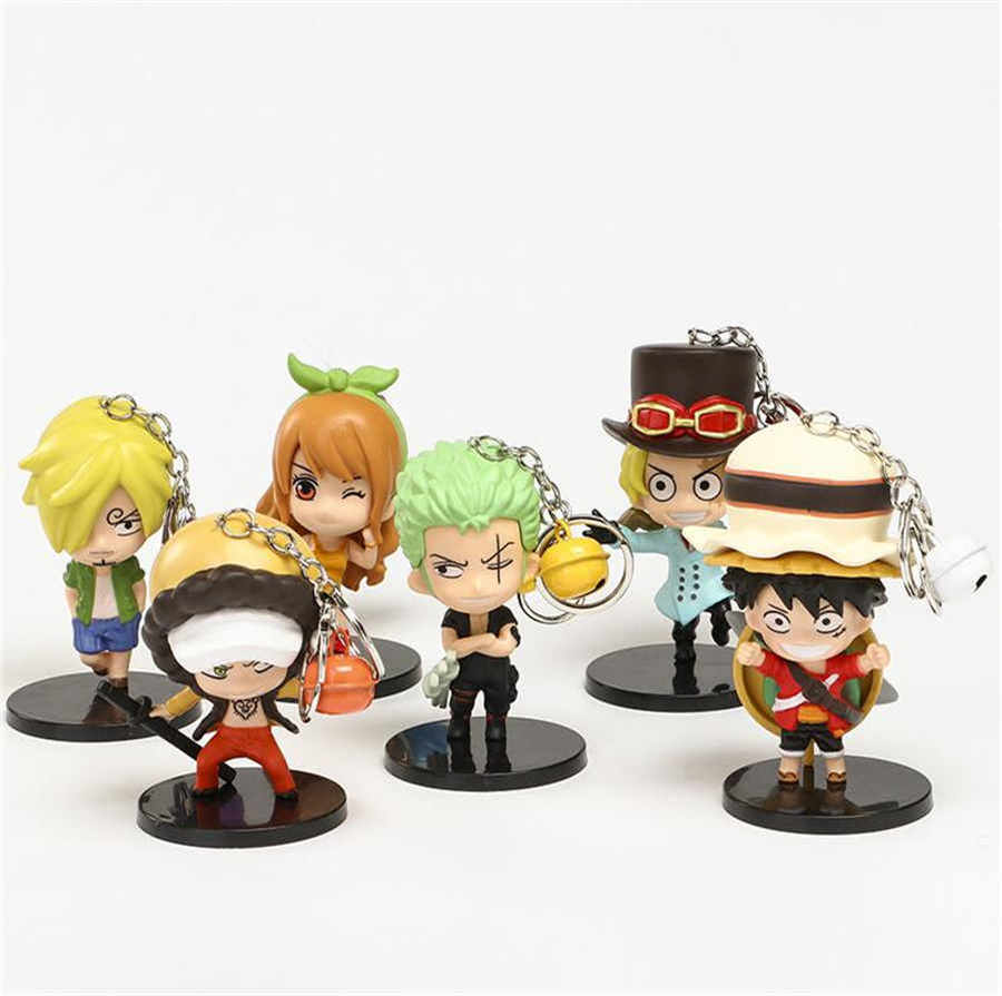 

10cm One Piece Keychain Cartoon Figures 6Pcs/Set Sabo Roronoa Zoro Sanji Nami Law Bell Key Chain PVC Action Figures Model Toys