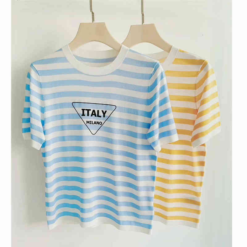 Women's Knits Tees Age reduction B into eye-catching refreshing vitality contrast stripe sea soul style Tencel short sleeved sweater top 16