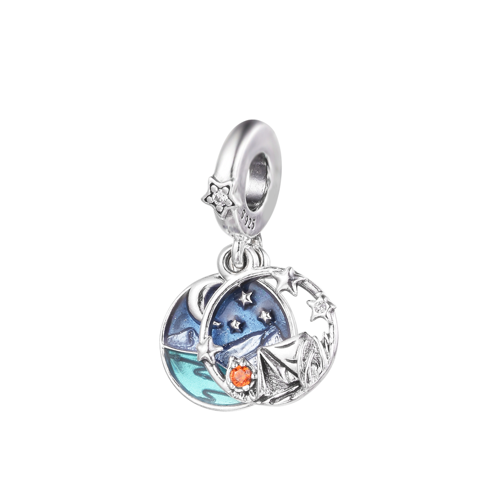 

Camping Night Sky Double Dangle Charm Silver Color Charm Fit Original Europe Pandora Charms Bracelets & Bangle Mother Kids Jewelry Woman Clover