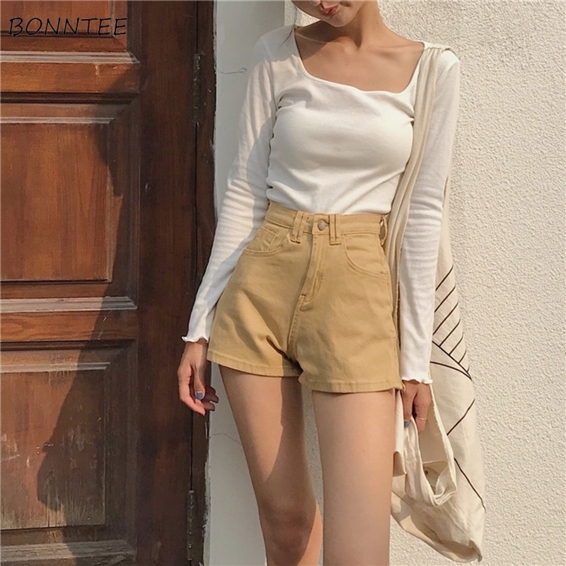 

Short Summer Retro High Waist Skinny Simple Allmatch Trendy Womens High Quality Slim Female Solid Colour Pockets Zipper Y200403, Black